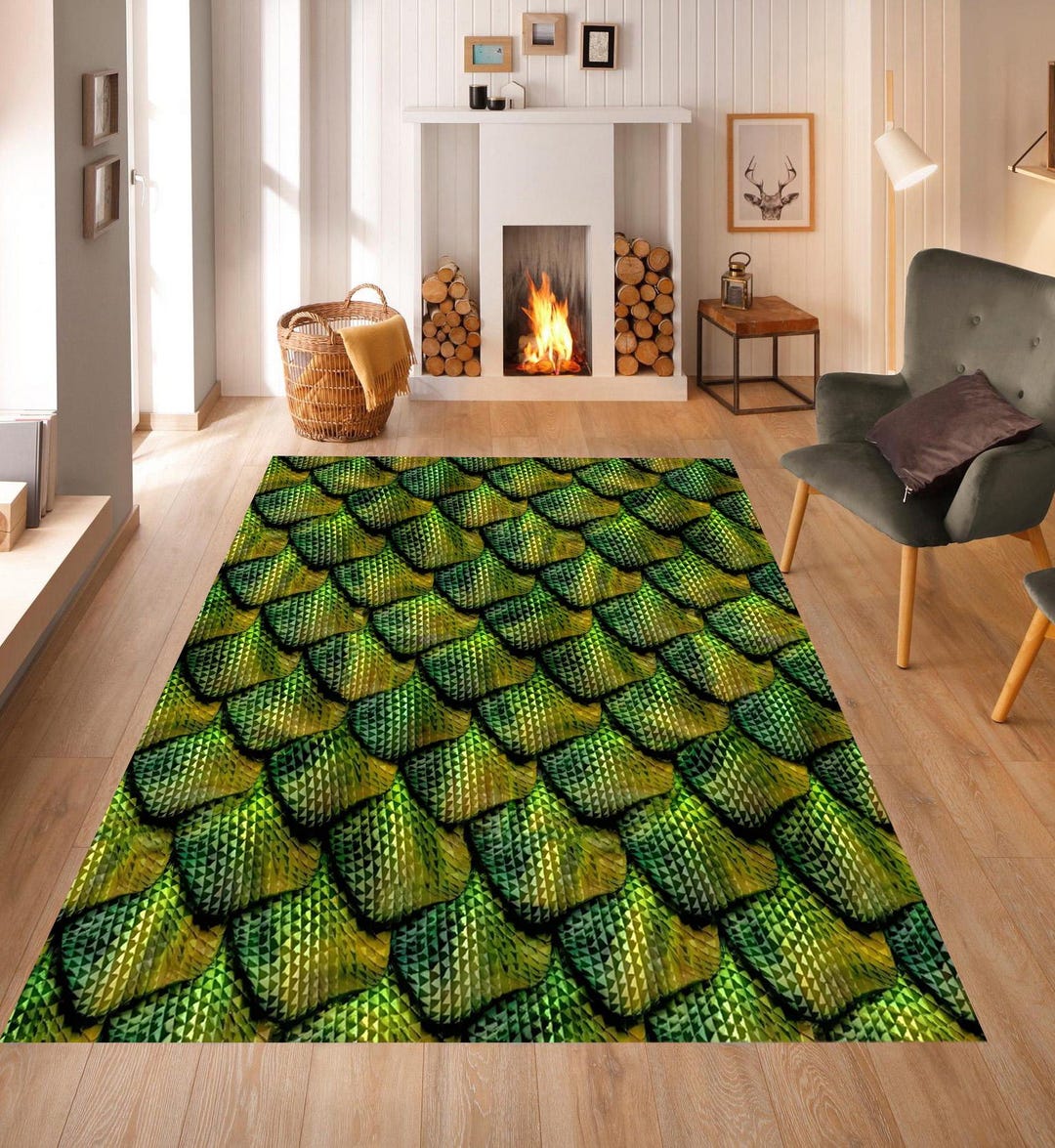 Snake Skin Themed Rug, Dragon Skin Pattern Rug, Green Color, Kitchen ...