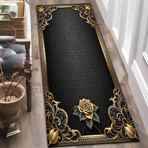 Runner Rug, Gold Rug, Gothic Decor Rug, Gothic Pattern, Gold Rose Rug, Living Room, Office Rug, Modern Area Rug, Home Decor,Gift For Him Her
