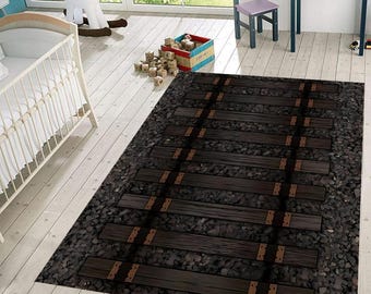Alfombra rústica con diseño de vías de tren: lavable para habitación infantil