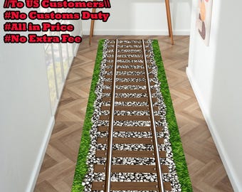 Alfombra de vías de tren: diseño rústico de ferrocarril, decoración para habitación infantil