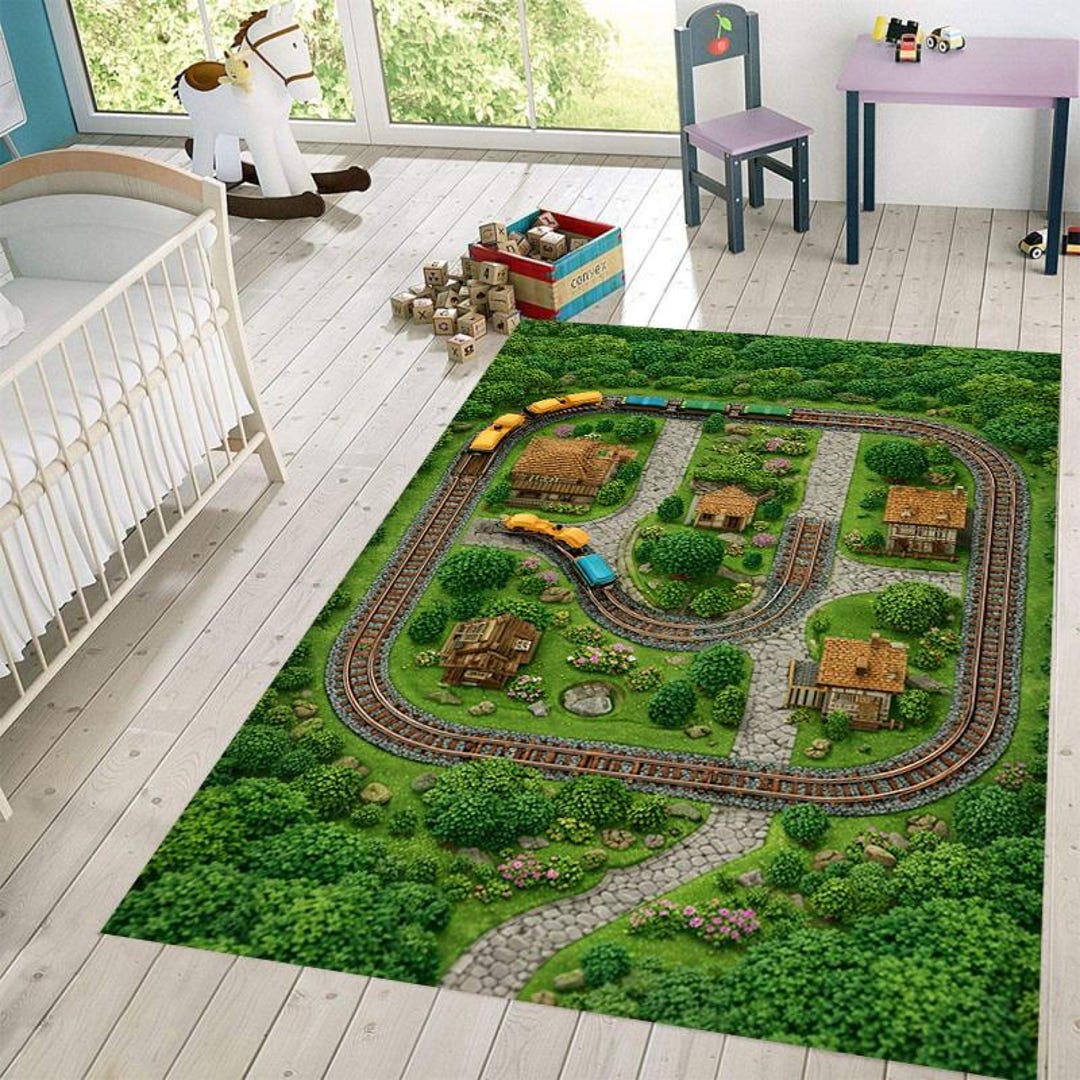 Classroom Train Rug 3D Train Track Kids Rug, Railway Decor, Washable Game Room Mat - Etsy