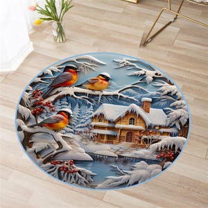 Tapete redondo, tapete de neve, paisagem de neve, tapete 3D, tapete temático de pássaros, tapete de arte moderna, decoração de Natal, decoração de casa, presente para ele e ela, presente personalizado