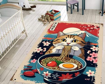 Sushi Cat Area Rug: Japanese Decor Carpet - Etsy