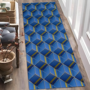 Tappeto da corridoio a cubo 3D, motivo geometrico blu e giallo, moderno