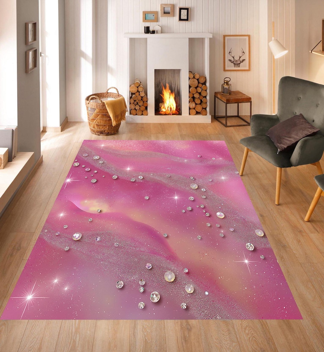 Pink Stone Themed Rug: Silver Glitter Girls Room Decor - Etsy