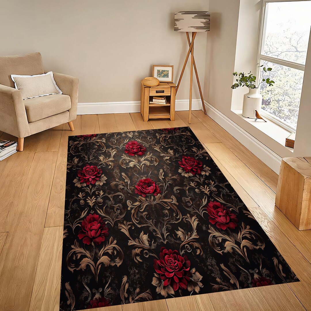 Red Rose Rug, Gothic Decor Rug, Gold Pattern Rug, Flowers Theme Rug ...