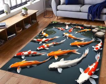 Koi Fish Area Rug: Japanese Bohemian Decor, Cotton Blend