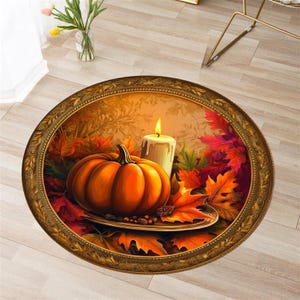 Autumn Pumpkin Round Rug: Fall Leaves, Candle, Home Decor