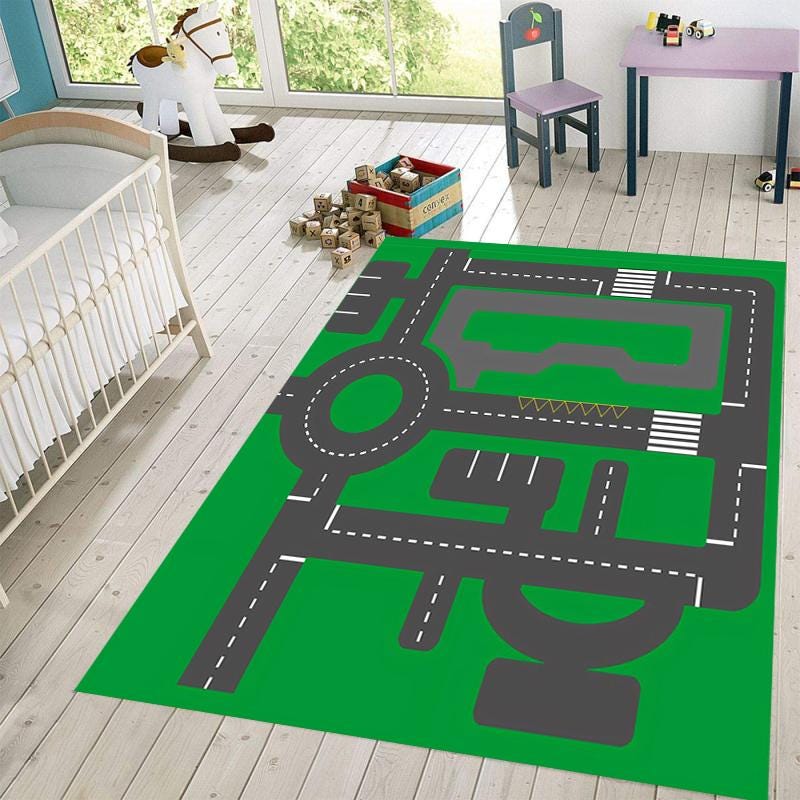 Racetrack Play Mat: Green Traffic Rug, Kids Room Decor