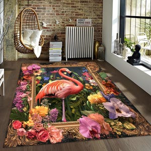 3D Pink Flamingo Rug: Floral Landscape, Living Room Decor