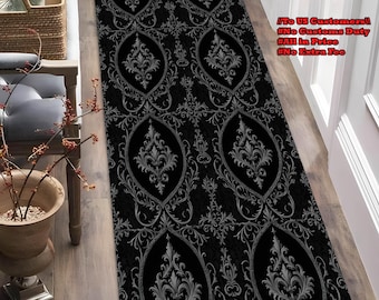 Gothic Damask Runner Rug, Black Decor Rug