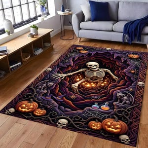 May include: A rectangular area rug featuring a 3D-style Halloween scene with a central skeleton emerging from a dark, glowing cavern. The design includes carved jack-o'-lanterns, stone gargoyles, spider webs, skulls, and potion bottles.