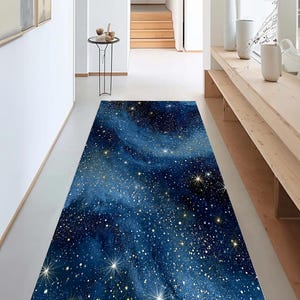 Vloerkleed Celestial Moon, donkerblauw decor sterrenhemel astrologie, modern vloerkleed