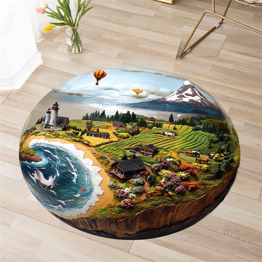 Round Rug, Miniature City Rug, 3D Landscape Rug, Terrarium City Rug ...