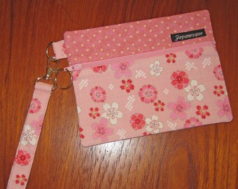 Cherry Blossoms Sakura Design Zippered Pouch Wristlet Japanese Asian Fabric Pink