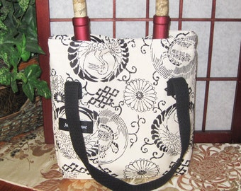 Dual Bottle Wine Tote Japanese Cranes Tsuru and Turtle Kame Design Thermal Lined