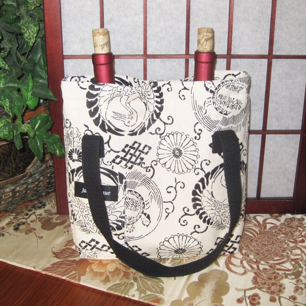 Dual Bottle Wine Tote Japanese Cranes Tsuru and Turtle Kame Design Thermal Lined