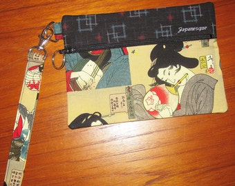 Geisha Utamaro Poses Japanese Design Zippered Fabric Pouch Wristlet