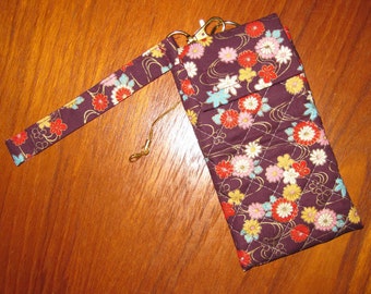 iPhone 6 to 8 Cell Phone Pouch Case Sleeve with Zippered Pocket and Wrist Strap Japanese Quilted Fabric Floral Design Mulberry Purple