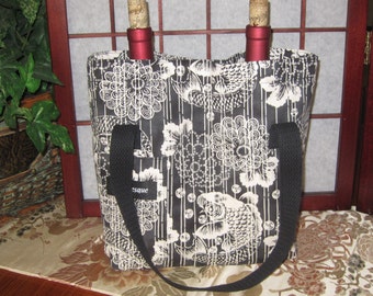 Dual Bottle Wine Tote Japanese Koi and Chrysanthemum Kiku Design Thermal Lined Black