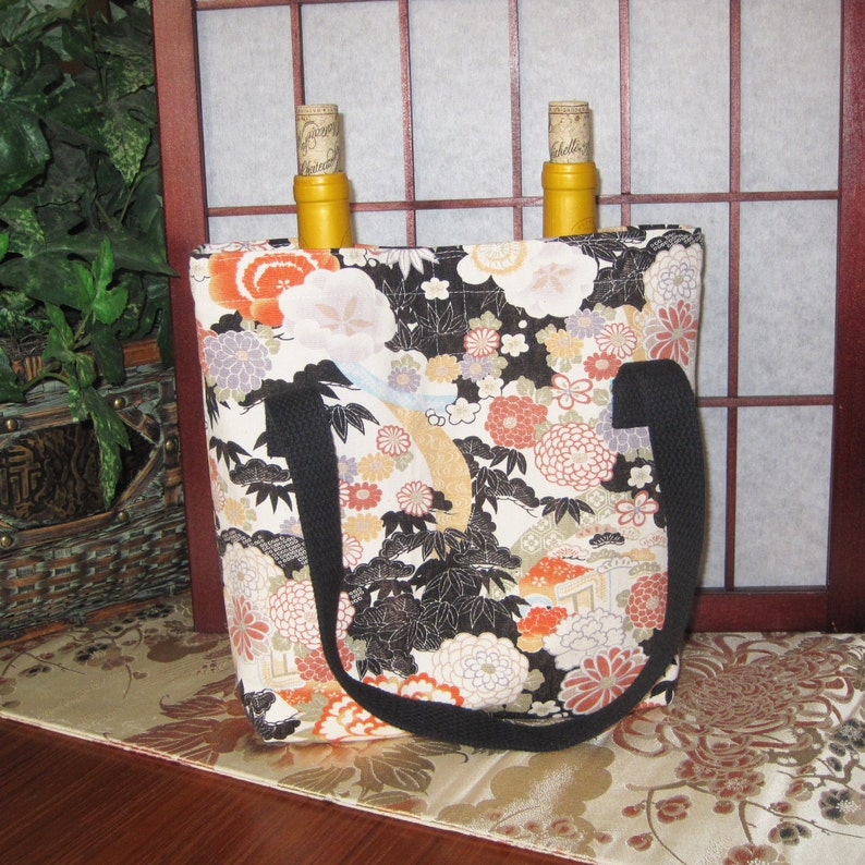 Dual Bottle Wine Tote Japanese Floral Design Thermal Lined image 2
