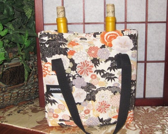 Dual Bottle Wine Tote Japanese Floral Design Thermal Lined