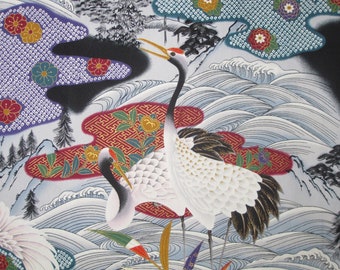 Kona Bay Japanese Asian Cranes Design Fabric Destash Yardage 2 yard Inches OOP  Kona Bay