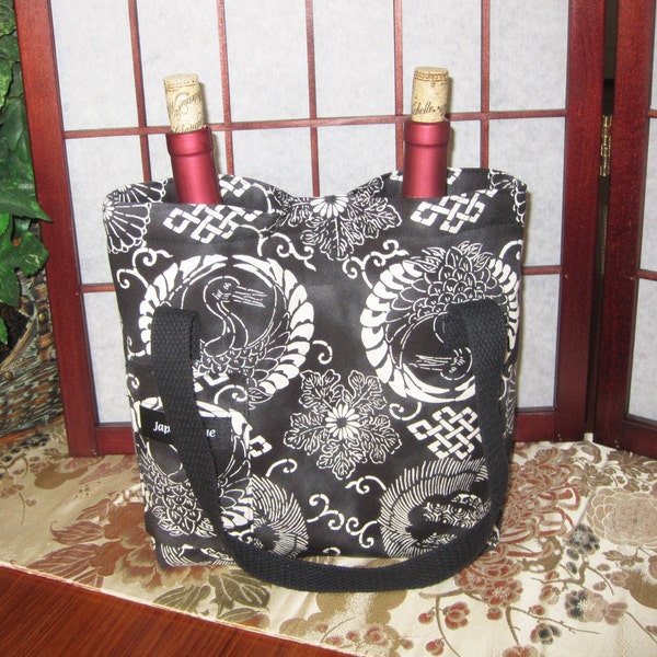 Dual Bottle Wine Tote Japanese Cranes Tsuru and Turtle Kame Design Thermal Lined Black