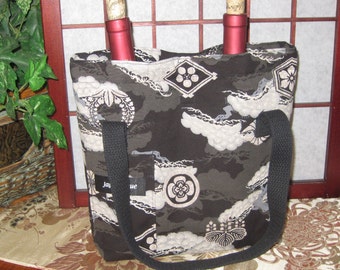 Dual Bottle Wine Tote Japanese Family Crest Kamon and Pines Matsu Design Thermal Lined Black