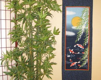 Fish Koi Pond and Willows Yanagi No Ki Design Japanese Quilted Tenugui Fabric Wall Hanging Scroll