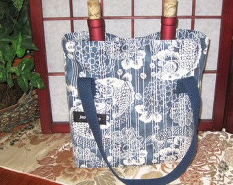 Dual Bottle Wine Tote Japanese Koi and Chrysanthemum Kiku Design Thermal Lined Blue