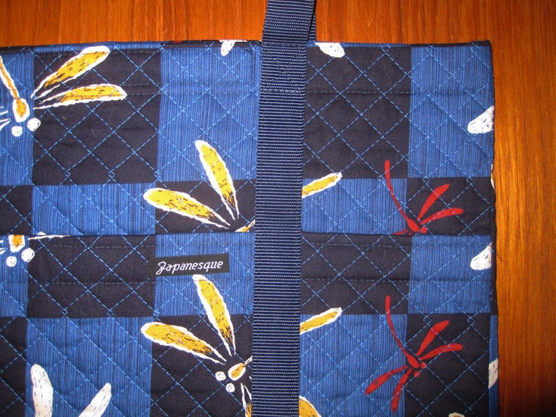 Laptop Book Tote Japanese Dragonflies Tombo Design Quilted Fabric Blue and Navy