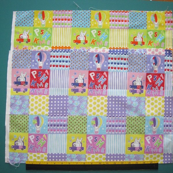 Trefle by Kokka Japanese Patchwork Look Rabbits Children Design Fabric 3 Remnant Pieces Destash 22 Inches wide by 10 Inches Long