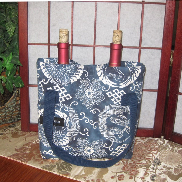 Dual Bottle Wine Tote Japanese Cranes Tsuru and Turtle Kame Design Thermal Lined