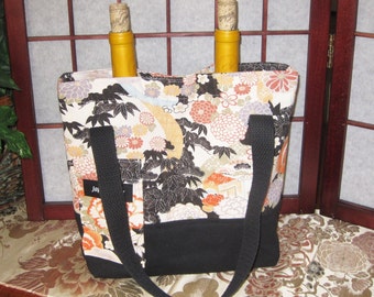 Dual Bottle Wine Tote Japanese Floral Design Thermal Lined