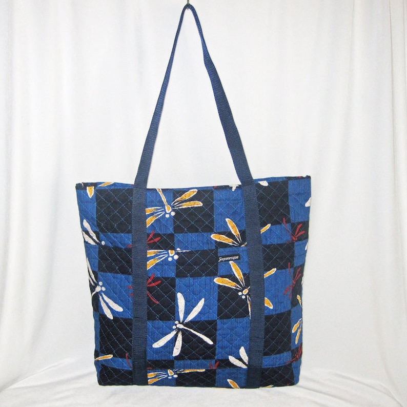 Laptop Book Tote Japanese Dragonflies Tombo Design Quilted Fabric Blue and Navy