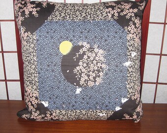 Rabbit Usagi Cherry Blossoms Sakura and Moon Tsuki Design Japanese Asian Zippered 20 Inch Pillow Cover Furoshiki Fabric Black