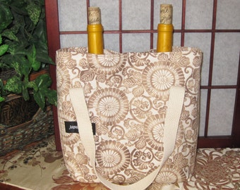 Dual Bottle Wine Tote Japanese Contemporary Stylized Chrysanthemum Kiku Design Thermal Lined