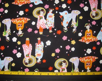 Japanese Girls with Parasol Design Fabric Remnant Destash 30 Inches Wide by 28 Inches Long