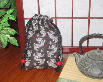 Men's Drawstring Pouch Japanese Fabric Dragon Ryu Design Black