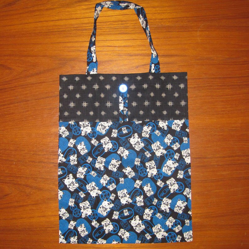 Cat Maneki Neko Design Tuck and Roll Fold-Up Portable Shopping Tote Japanese Fabric Blue