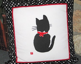 Black Cat Design Japanese Zippered 20 Inch Pillow Cover Tenugui Fabric SALE