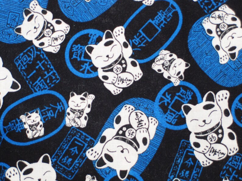 Cat Maneki Neko Design Tuck and Roll Fold-Up Portable Shopping Tote Japanese Fabric Blue