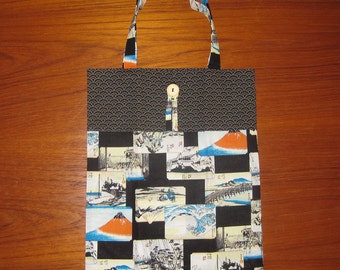 Hokusai and Hiroshige Scenes Design Tuck and Roll Fold-Up Portable Shopping Tote Japanese Fabric Black