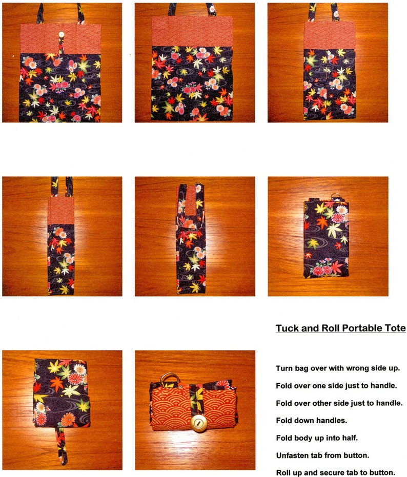 Cat Maneki Neko Design Tuck and Roll Fold-Up Portable Shopping Tote Japanese Fabric Blue