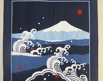 Contemporary Mount Fuji and Waves Nami Design Japanese Quilted Large Furoshiki Fabric Wall Hanging