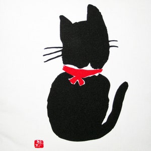 Black Cat and Red Bow Design Japanese Fabric Panel Design Small Tenugui