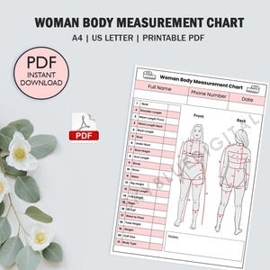 May include: A printable PDF woman's body measurement chart. The chart includes a diagram of the front and back of a body with numbered measurement points. Text on the chart includes "Woman Body Measurement Chart", "A4 | US LETTER | PRINTABLE PDF", and "PDF INSTANT DOWNLOAD".
