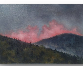 Oil painting on canvas, mountain landscape, sunset in red tone