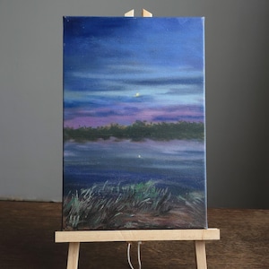 Original Twilight Lake Oil Painting: Minimalist Nature Art, 8x12 Canvas